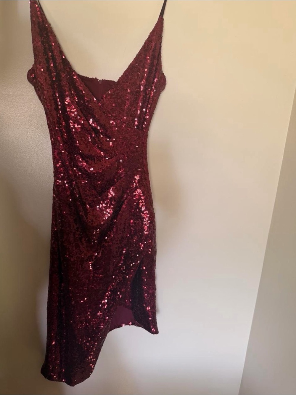 Asymmetrical Sequin Slip Dress in Deep Burgundy